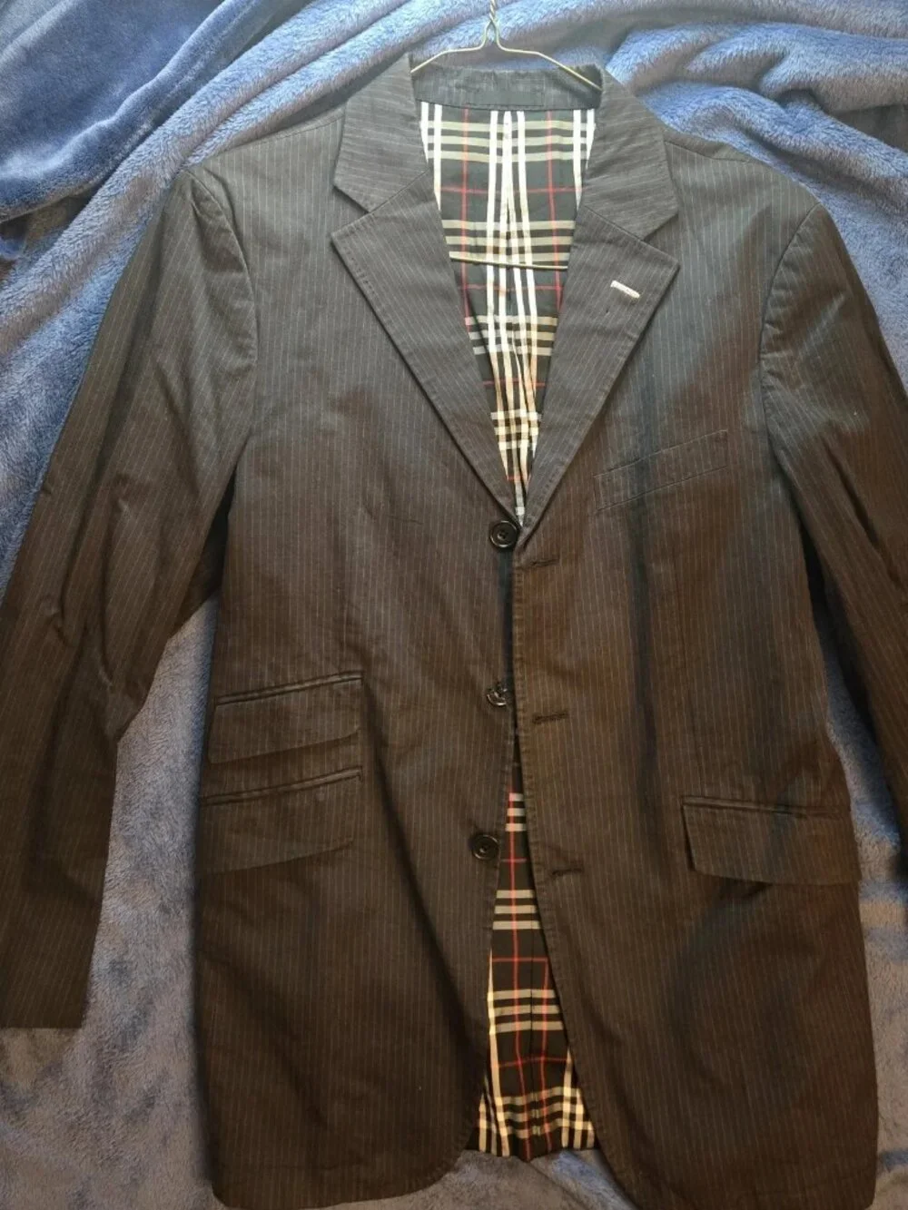 VTG Burberry Black Label Sport Coat Blazer 2B Pinstripe Plaid Lining 38L